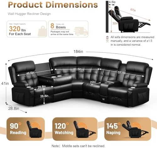 Leather Sectional Couches, 5 Seat L Shaped Reclining Sectional Sofa