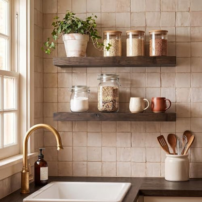 Elm Wood Floating Shelf 24x8” Set of 2, Dark Walnut