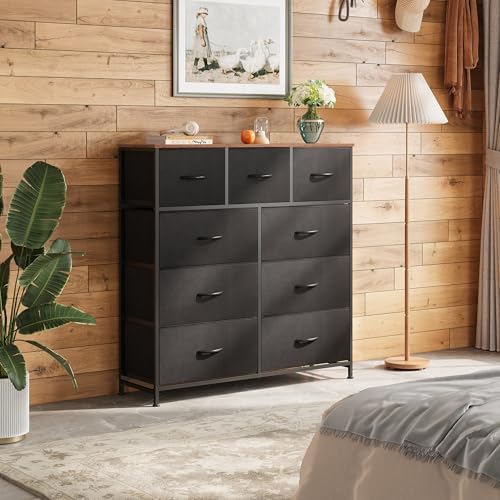 WLIVE Tall Dresser for Bedroom, 9 Drawer Dresser, Black and Rustic Brown