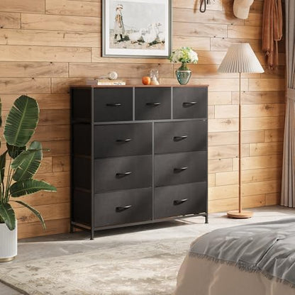 WLIVE Tall Dresser for Bedroom, 9 Drawer Dresser, Black and Rustic Brown