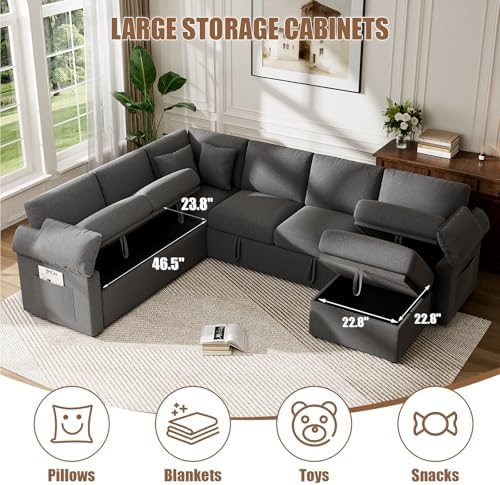 L Sleeper Sofa, 109" Modular Sectional Sofa with Pull Out Bed, Dark Gray