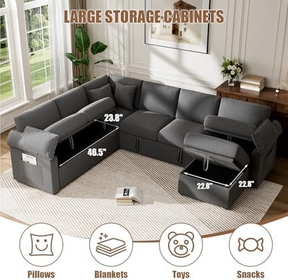 L Sleeper Sofa, 109" Modular Sectional Sofa with Pull Out Bed, Dark Gray