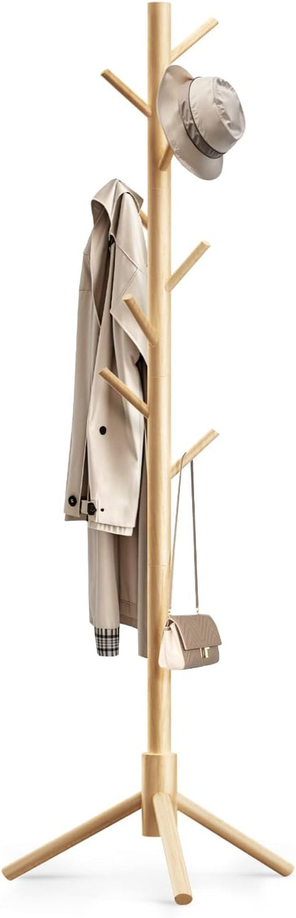 Wooden Coat Rack Freestanding with 8 Hooks,Easy Assembly New Zealand Pine Tree Coat Racks, 3 Adjustable Sizes for Clothes, Hats, Bags, for Entryway, Hallway, Bedroom, Office (Natural, 1 PC)