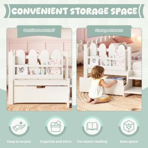 Bellemave Queen Size Platform Bed with Storage Drawers & Bookshelf for Boys Girls, Kids Queen Bed Frame with LED Lights & Stairs for Children's Room, Beige