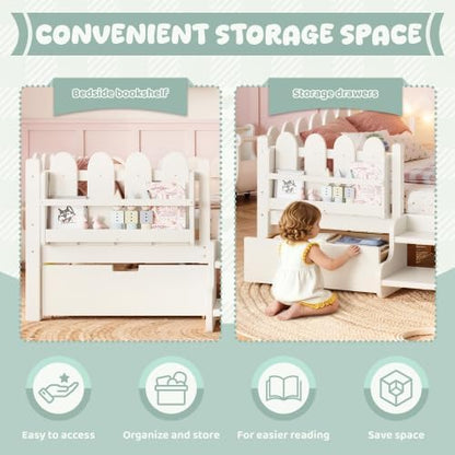 Bellemave Queen Size Platform Bed with Storage Drawers & Bookshelf for Boys Girls, Kids Queen Bed Frame with LED Lights & Stairs for Children's Room, Beige