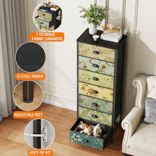 7 Drawer Tall Dresser for Bedroom, Vintage Fabric Chest of Drawers