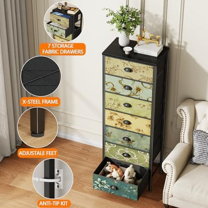 7 Drawer Tall Dresser for Bedroom, Vintage Fabric Chest of Drawers