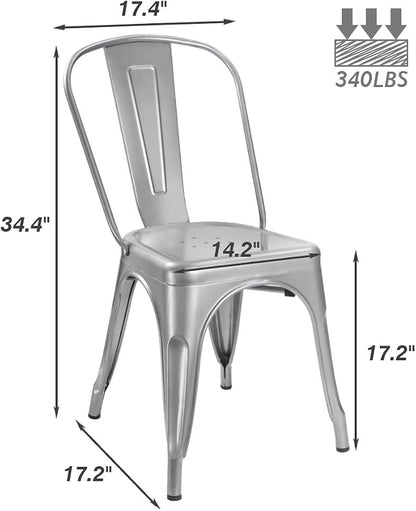 Devoko Metal Indoor-Outdoor Chairs Distressed Style Kitchen Dining Chairs Stackable Side Chair with Back Set of 4 (Silver)