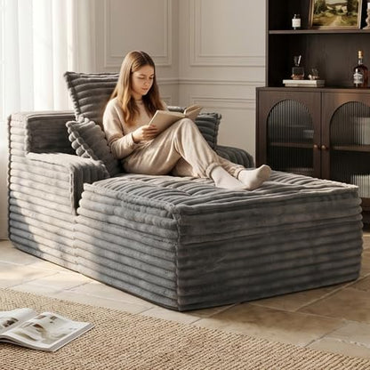 Boneless Chaise Lounge Couch Indoor, Small Corduroy Upholstered Sleeper Sofa Bed Reading Chairs with 3 Pillows, Fluffy Comfy Cloud Sofas Couches, Compression Boneless Sofa for Small Corner