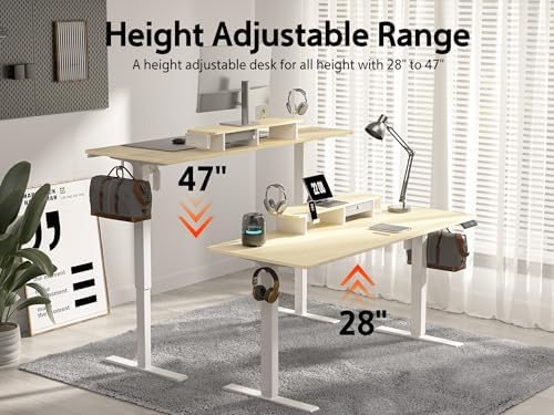 63x24 Inches Electric Standing Desk with Drawer and Monitor Stand, Height Adjustable Sit to Stand up Desk for Home Office, Ergonomic Computer Table with Phone Holder, 3 Hooks, Oak