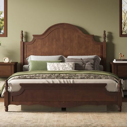 AMERLIFE Queen Solid Wood Poster Bed with Arched Headboard, Dark Walnut