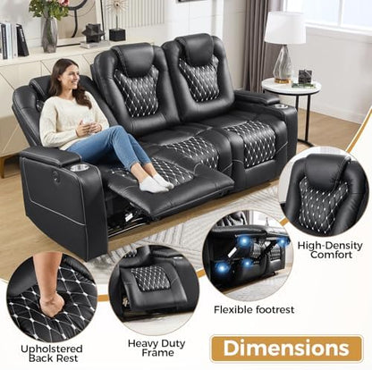ANJ Faux Leather 3-Piece Power Reclining Set, Dual Recliners & 3-Seat Sofa with USB, Black