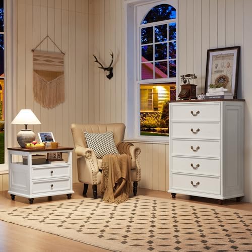 Joaxswe Farmhouse 5 Drawer Dresser for Bedroom, 45" Tall Rustic Chests of Drawers w/ 4 Solid Wood Feet, Mid Century Modern Wooden Closet Storage Dressers Organizer for Living Room, Hallway, White