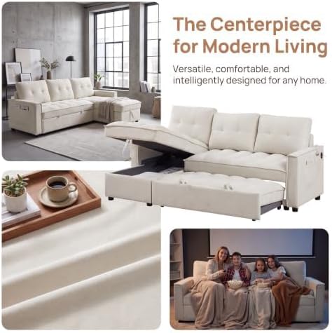71" L Shaped Queen Pull Out Sofa Bed with Storage, USB Port, Beige
