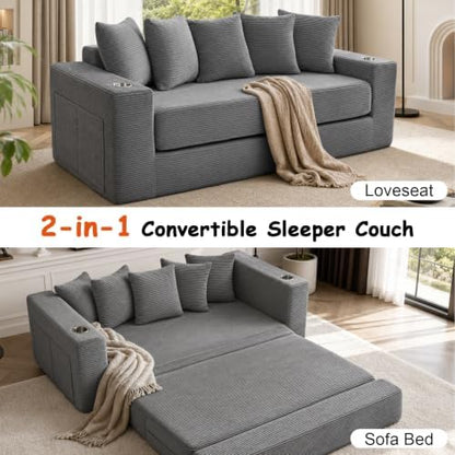 76" Convertible Sofa Bed, Corduroy Boneless Couch with Cup Holders & Pocket