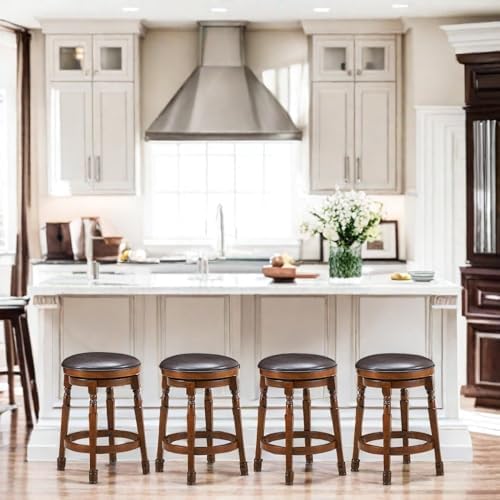 24 Inch Swivel Bar Stools Set of 4, Rubber Wood, Brown