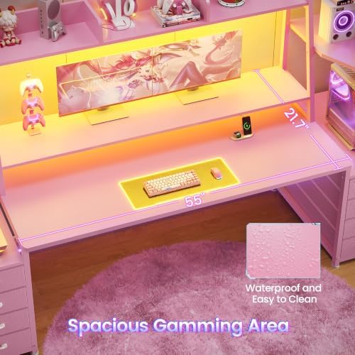 SEDETA 79'' Gaming Desk with LED Lights,8 Drawers and Storage Shelves, Pink