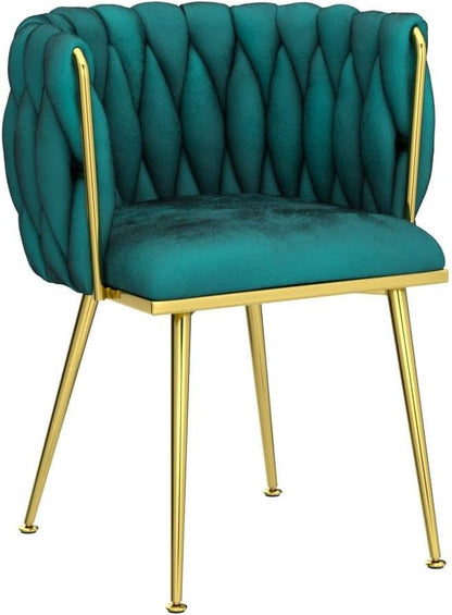 Velvet Dining Chairs Set of 4, Modern Upholstered Dining Room Chairs with Golden Metal Legs and Woven Backrest for Dining Room, Kitchen, Vanity, Living Room (Green)