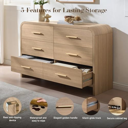 3-Piece Bedroom Set, Curved 6-Drawer Dresser&1-Drawer Nightstands
