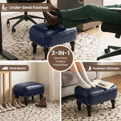 Cmishe Ottoman Leather Footrest,Vintage Footstool,Thickened Foam Upholstered Seat,Wooden Leg Foot Rest,Under Desk Shoe Bench Small Bench for Living Room Dining Room(Blue)