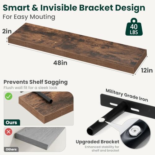 12 Inch Deep Floating Shelves Brown, 48 Inch Long, 2" Thick Floating Shelves for Wall, Hidden Bracket, Scratch-Resistant Wood Grain for Bedroom Bathroom Kitchen, Coffee Bar, Bookshelf