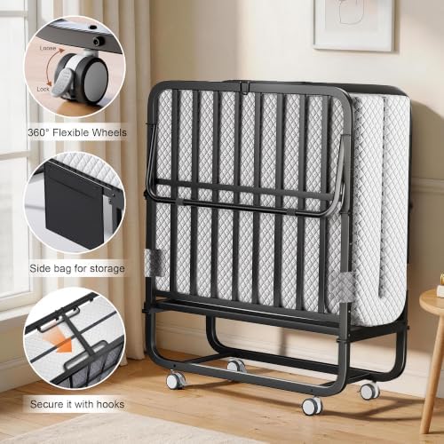 Decofy 75"x38" Folding Bed with Mattress Rollaway Beds on Wheels10 Tubes