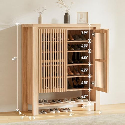 43" Tall Shoe Storage Cabinet with Doors, 8-Tier Entryway Shoe Cabinet with Adjustable Shelves, Modern Freestanding Shoes Rack Organizer Cabinet for Entryway Hallway Front Door