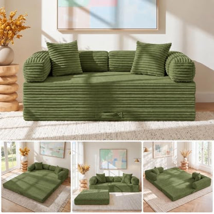 Convertible Sofa Bed, 63" Boneless Couch with Removable L-Shaped Armrests, Corduroy Futon Sleeper Sofa, Tri-Fold Floor Folding Bed for Small Space Bedroom Game Room Apartment Dorm, 2 Pillows
