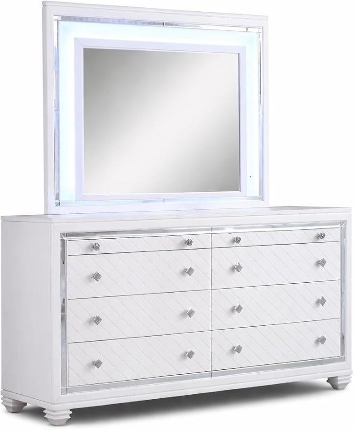 First of a Kind Shiney Contemporary 4 Piece King Bedroom Set High Gloss White Finish with Upholstered Headboard, Sleek Modern Bedroom Furniture Set for Coordinated Interiors