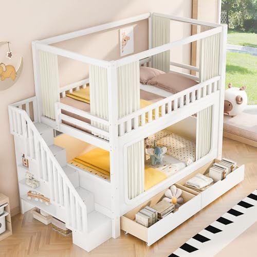 Full Over Full Bunk Bed with Privacy Curtains, Under Bed LED Lighting, Storage Stairs, and Built-in Compartments (White-4, Full)