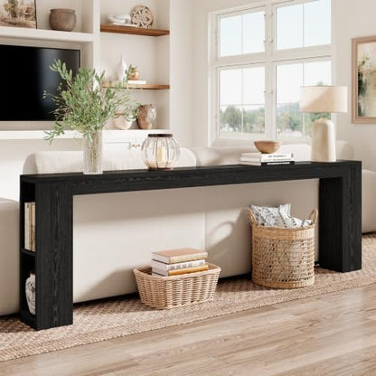 Epecoya Narrow Console Table with USB Charging & Storage, 94.5" Black