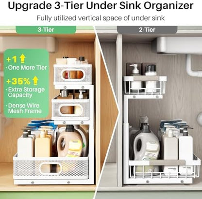 Kitstorack Under Sink Organizer, 1-Pack 3-Tier Height Adjustable Thickened Metal Pull out Cabinet Organizer Shelf, Slide out Storage Drawer Rack for Bathroom Kitchen Pantry Home Laundry Organization