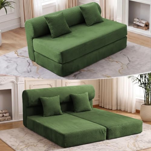 59" Convertible Sofa Bed, Corduroy Loveseat Sleeper Sofa with Pocket Springs, Foldable Floor Futon Couch with Removable Machine-Washable Cover, 2 Pillows, No Assembly, Dark Green