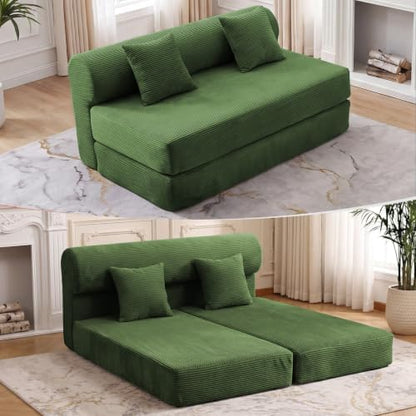 59" Convertible Sofa Bed, Corduroy Loveseat Sleeper Sofa with Pocket Springs, Foldable Floor Futon Couch with Removable Machine-Washable Cover, 2 Pillows, No Assembly, Dark Green
