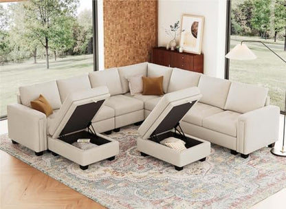 Belffin Modular Sectional Sofa U Shaped Sectional Couch with Storage Ottoman Velvet 9-Seater Convertible Sectional Sofa with Chaises Beige