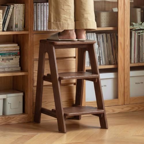 100% Solid Oak Wood 3 Step Stool, Multifunctional 3-Tier End Table Nightstand Plant Stand Counter Barstool Dining Stool for Living Room Bedroom Kitchen (Walnut, 3-Tier)