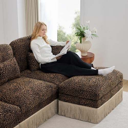 69.2" Modular Loveseat Sofa with Ottomans, Chenille Leopard Print Sectional Couch with Tassel Edge, Deep Seat Lounge Sofa for Apartment Layout