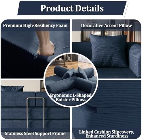 53.15'' Convertible Compressed Corduroy Folding Sofa Bed, Modern Boneless Pull Out Loveseat Sleeper in a Box, 4 in 1 Floor Mattress Futon Cloud Couch, No Assembly Needed, Navy Blue, 2 Pillows, Full