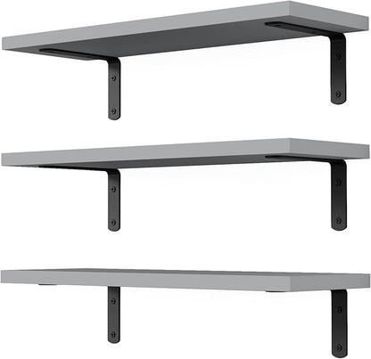 DOLLFIO Floating Shelves, 3 Sets Wall Wooden Shelves for Décor, Mounted Bathroom Shelf Storage, Book Wall, Bedroom, Living Room – Grey, HM02