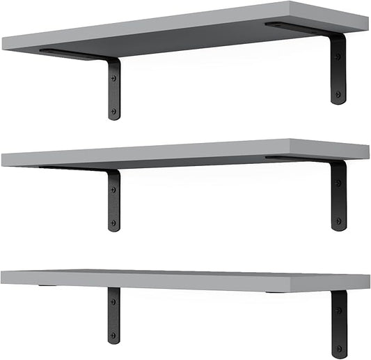 DOLLFIO Floating Shelves, 3 Sets Wall Wooden Shelves for Décor, Mounted Bathroom Shelf Storage, Book Wall, Bedroom, Living Room – Grey, HM02