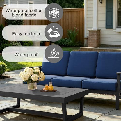Pia Ricoo Outdoor Premium Teak Wood Couch with Armrests & Table, All‑Weather Outdoor Furniture for Backyard, Deck, Lawn, Navy/Dark