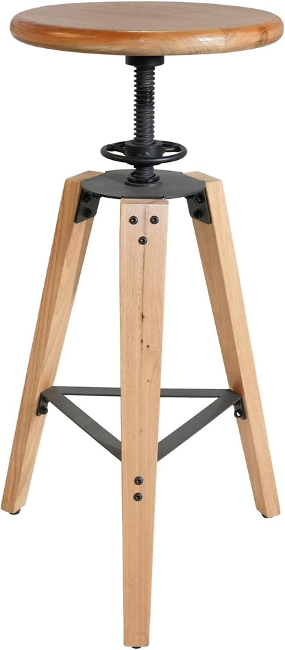 4-Piece Adjustable Height Swivel Bar Stool - Industrial Rustic Style, Solid Oak Wood Seat and Frame, 24.8"-28.7", Natural Finish, Anti-Slip Pads - Perfect for Kitchen, Bar, Counter, Home - Heavy Duty