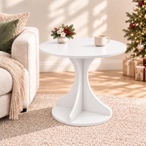 24in Large White Round Side Table, Modern Minimalist Accent End Table with Curved Tripod Base, Compact Sofa Side Table, Easy Assembly Coffee Table for Living Room Bedroom Balcony