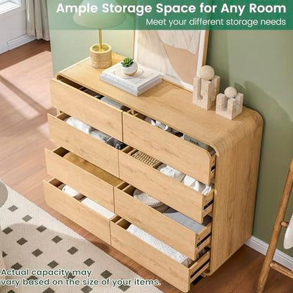 Natural Dresser with 8 Drawers, FarmhouseDresser for Bedroom, Rustic Wood Chest of Drawers,Storage Closet, Chest of Drawers Handleless Design,Living Room, Curved Dresser Design 47" Wide