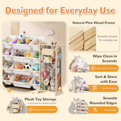 Toy Storage Organizer with Stuffed Animal Storage, Playroom Toy Organizer with 12 Toy Bins for Bricks, Toy Holder for Toddler Rooms, Playrooms, Bedrooms