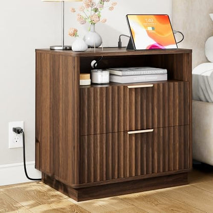 23" W Walnut Fluted Nightstand with Charging Station for Bedroom