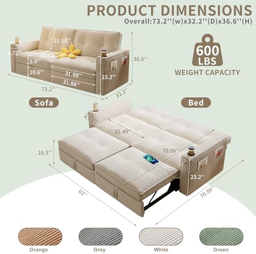 healthomse 73.2" Pull Out Couch, Queen Sleeper Sofa Bed, 3-in-1 Convertible Sofa Bed, Modern Corduroy Couch with Cup Holder and USB Ports, for Living Rooms, RV-Friendly, Small Spaces (Beige)