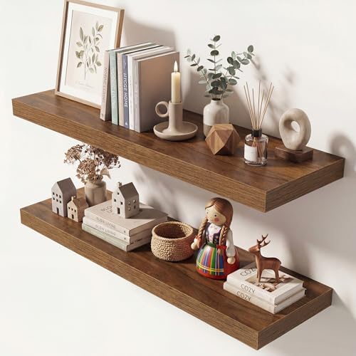 Dreamland 32 Inches Floating Shelves for Wall, 9.3" Deep Long Floating Shelves Set of 2, Large Display & Storage Shelf, Wall Shelf for Bathroom Bedroom Living Room Kitchen Office, Walnut