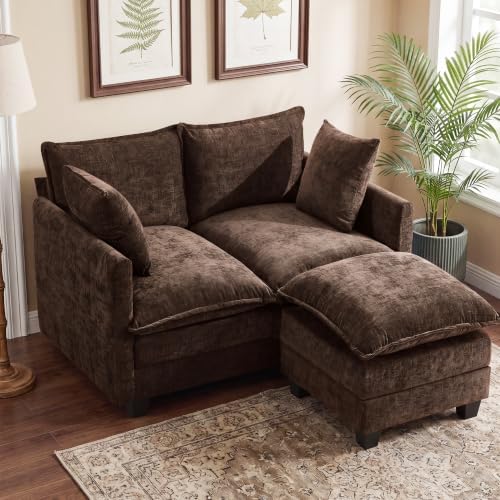 50" Love Seat with Ottoman, Small L Shape Cloud Sofa Couch, 2-Layer Cushion & 27" Deep Seat, 2 Pillows for Small Spaces, Bedroom, Apartment, Office, Living Room, Brown