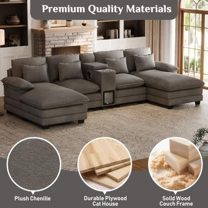 130" U Shaped Cloud Couch with Cat House,2 Chaise,Sensor Light, Stone Grey